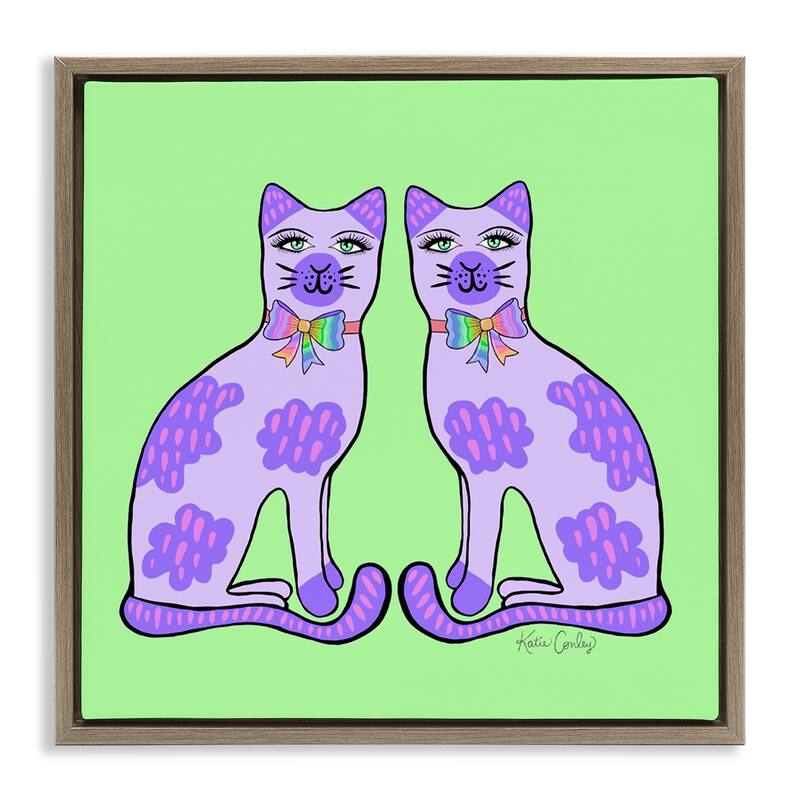 Stupell Purple Cats on Green Framed Floater Canvas Wall Art Design By Katie Conley - 25 x 25 - Brown