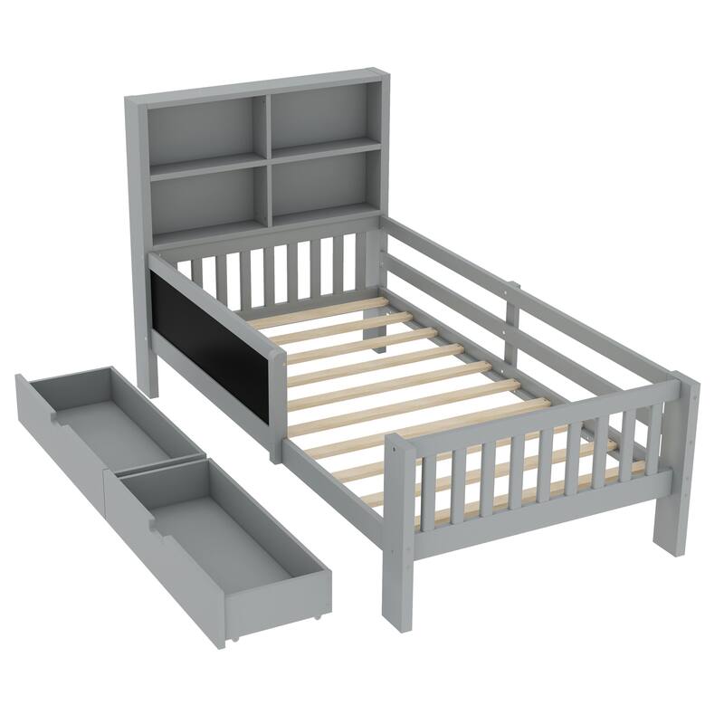 Childlike Fun Solid Wood Low-profile Platform Bed Storage Bed Frame with Side Chalkboard, Open Shelves, Drawers and Guardrails