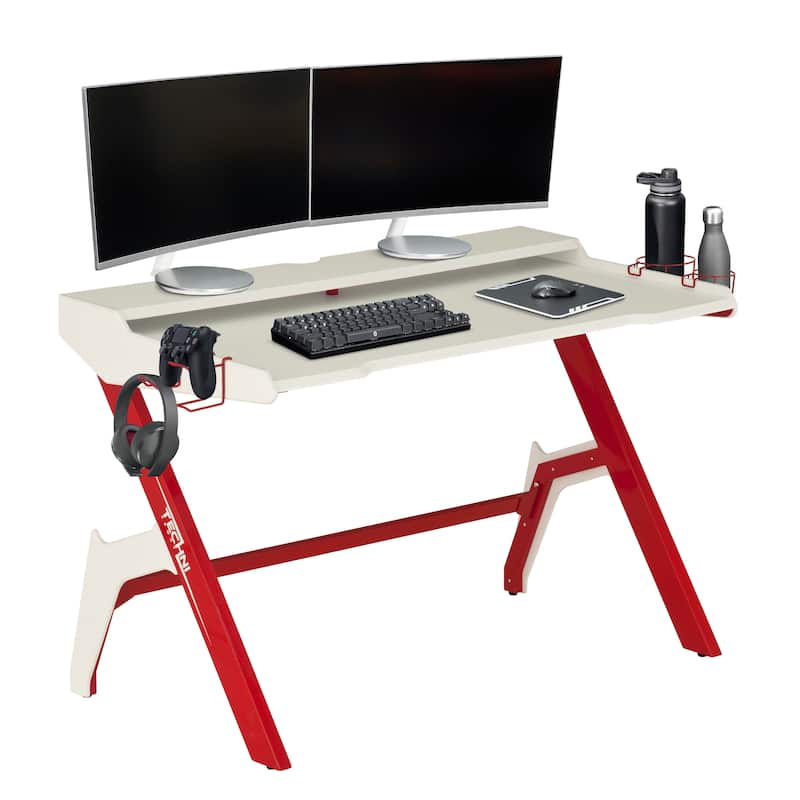 Sport Ergonomic Computer Gaming Desk Workstation with Cupholder & Headphone Hook, Red