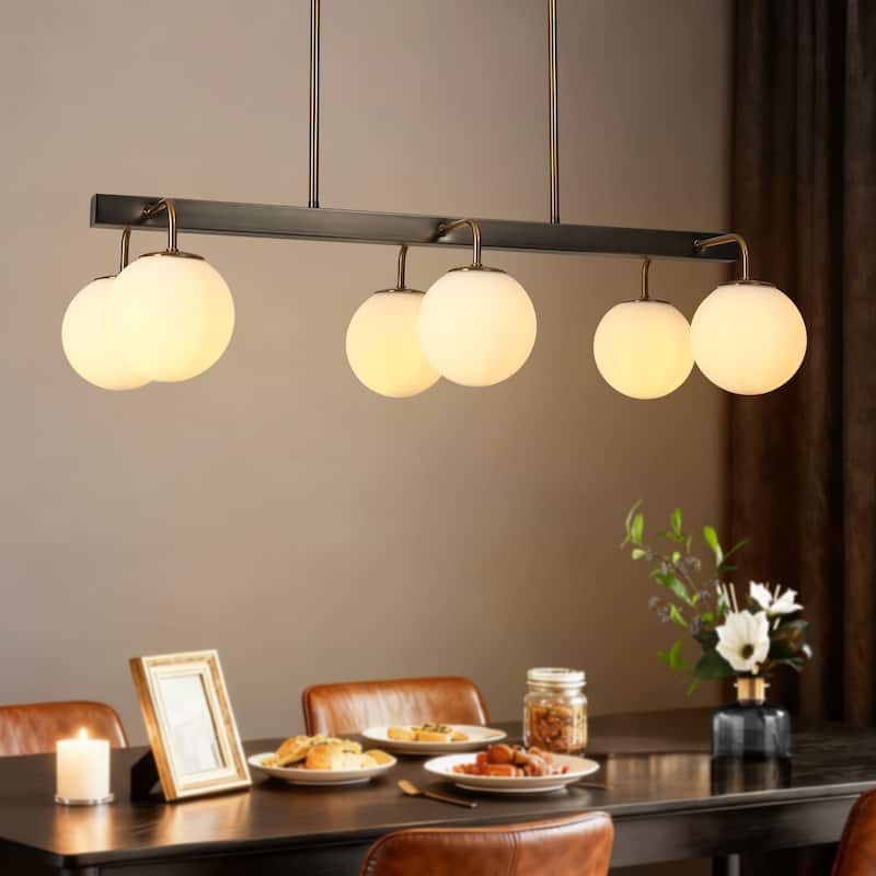 Aladari Modern Gold 6-Light Chandelier Opal Glass Rectangle Island Lights - Brushed Black Nickel - L 33.5" x W 15" x H 8.7"