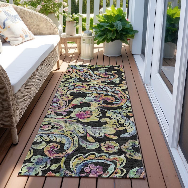 Machine Washable Indoor/ Outdoor Chantille Traditional Scroll Rug - Black - 2'3" x 7'6"