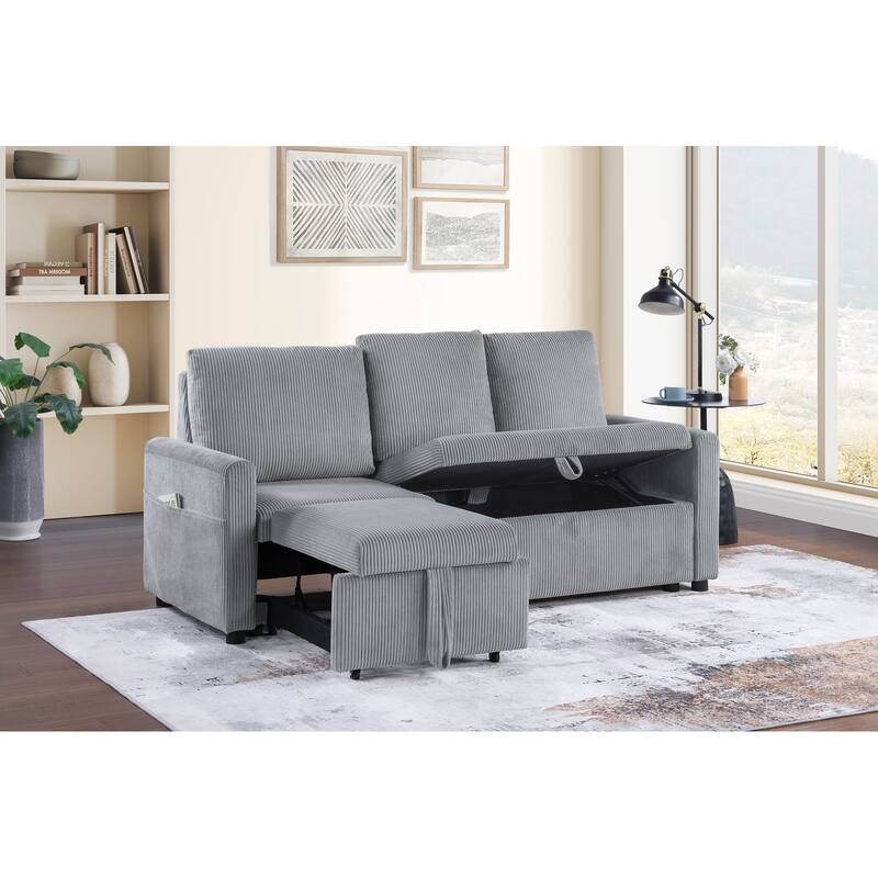 70"W Gray Corduroy Sofa with Pull-Out Chaise, Underseat Storage, Side Pocket - Multi-Color
