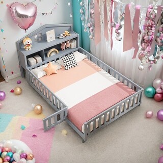 Full Size Platform Bed with Bookcase,Chalkboard