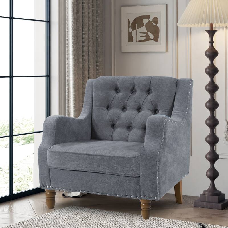 Linen Fabric Upholstered Accent Chair, Vintage Single Sofa Chair with Rivet Trim, Living Room Reading Chair with Wooden Legs