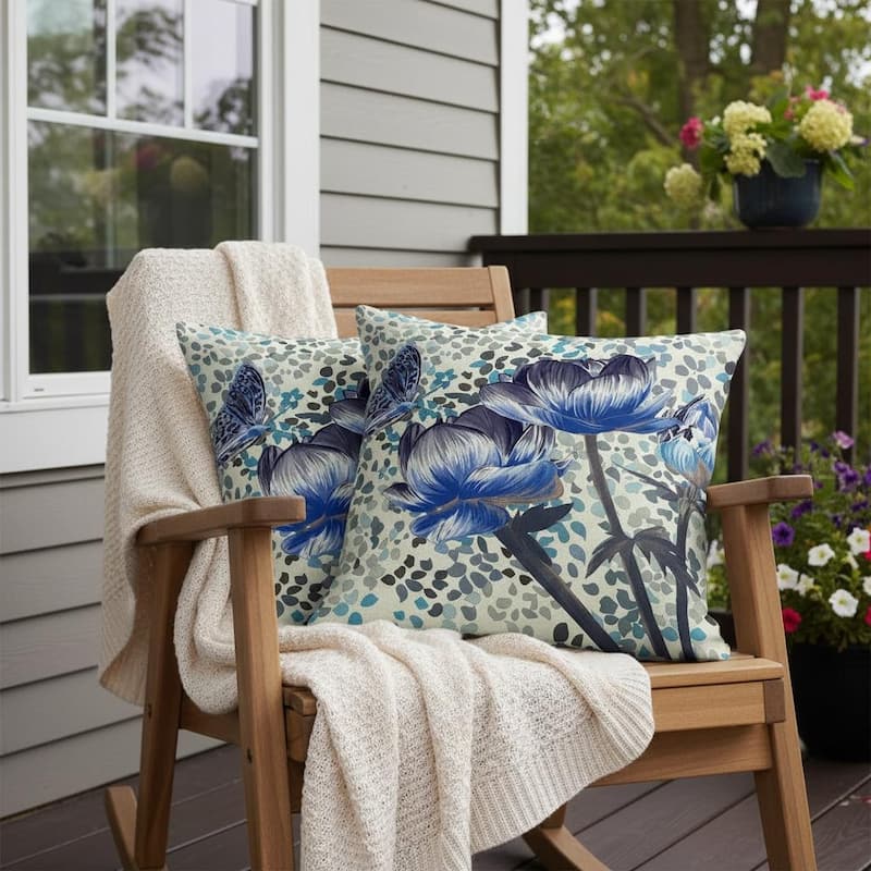 HomeRoots Set of Two 16" X 16" Blue and Green Butterfly Blown Seam Floral Indoor Outdoor Throw Pillow - 16.00' X '16.00' X '5.00 - Blue/Green - 16.00' X '16.00' X '5.00