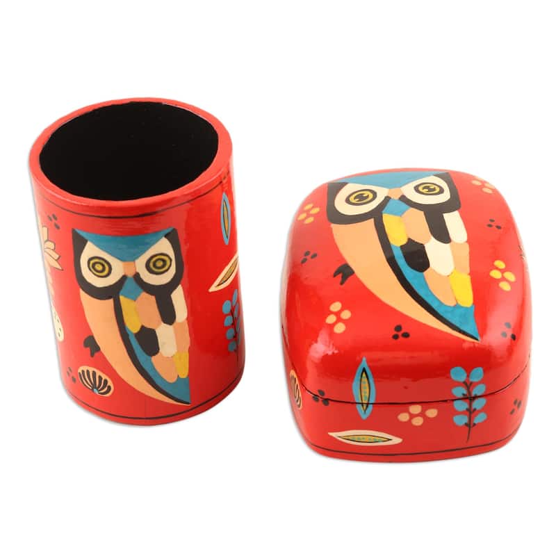Novica Handmade Owl Story In Red Decorative Papier Mache Box