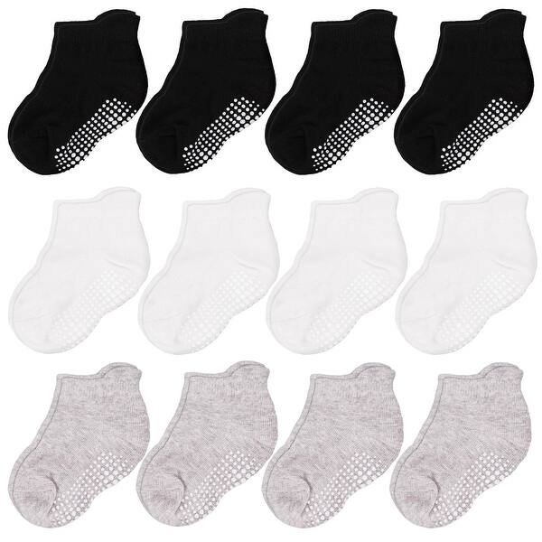 slide 2 of 6, CozyWay Ankle Grip Socks Black/White/Gray - 12 pair, 1-3 Years, Unisex