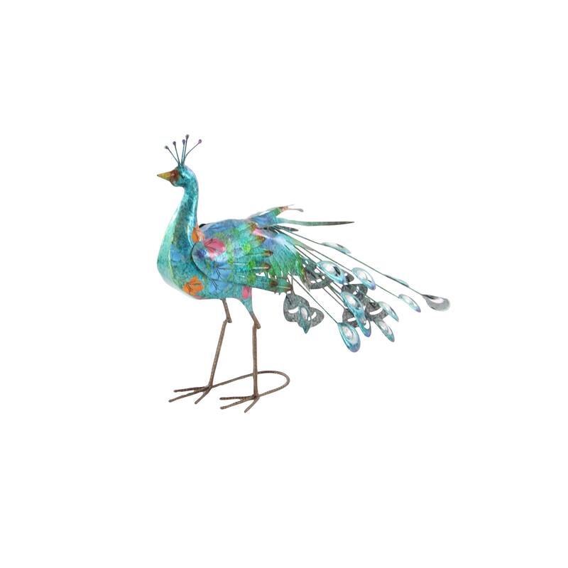 Teal Metal Indoor Outdoor Peacock Decorative Garden Sculpture with Crystal Accents