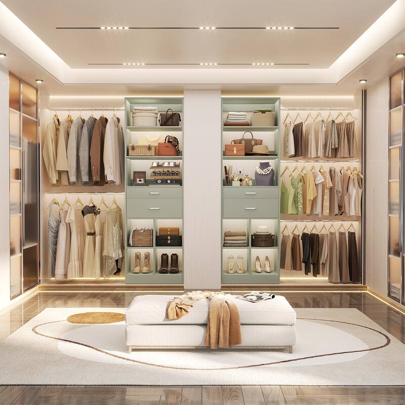 66''-100'' Walk-in Closet Organizer with 5 Hanging Rods and 2 Wooden Drawers，4-8FT Sturdy Closet System with Storage Shelves