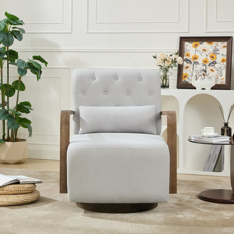 Solid Wood Swivel Accent Chair with Armrests and Lumbar Pillow - 360° Rotation