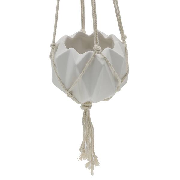 slide 1 of 3, 5 x 5" Ceramic Macrame Hanging Planter (Matte White) Mid-Century Modern - No - Ceramic - Planters - Round - White - Assembled - Handmade