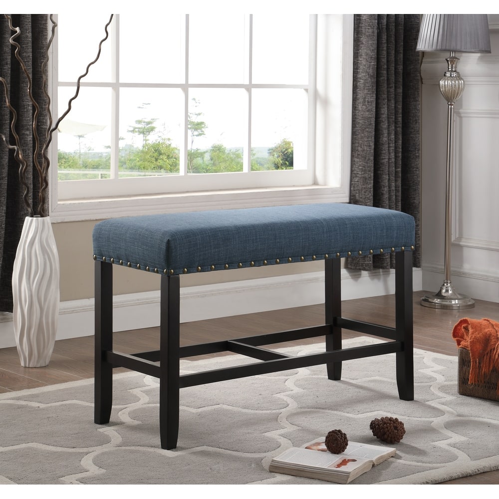 Roundhill Furniture Biony Blue Fabric Pub-Height 25.5" Dining Bench with Nailhead Trim