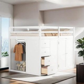 Full Size Wood Loft Bed With Wardrobes, Cabinets and Drawers, White