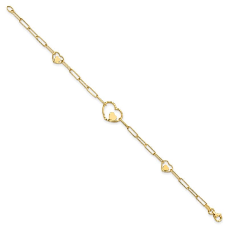 Curata 14k Yellow Gold 7.25" 14.3mm Paperclip Link Double Heart Bracelet