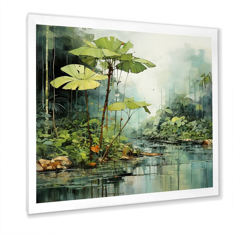 Designart "Tropical Jungle River II" Coastal Tropical Wall Decor Green Coastal Bedroom Framed Canvas Wall Art