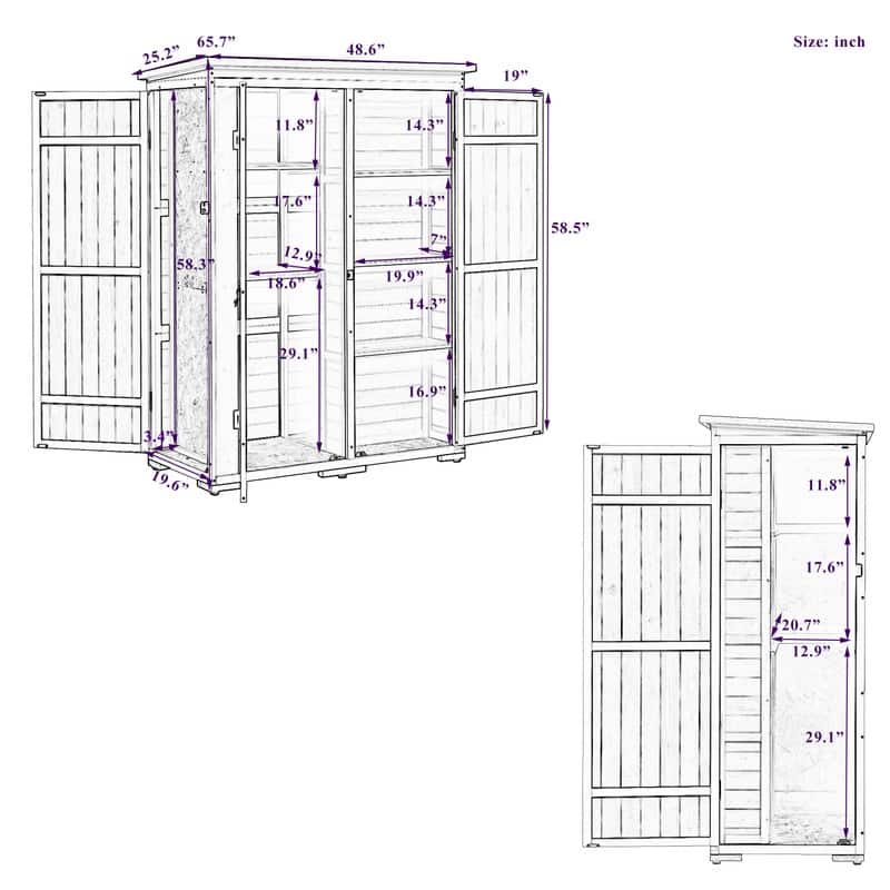 5.5ft x4.1ftWood Storage Shed with Waterproof Asphalt Roof and Four Lockable Doors