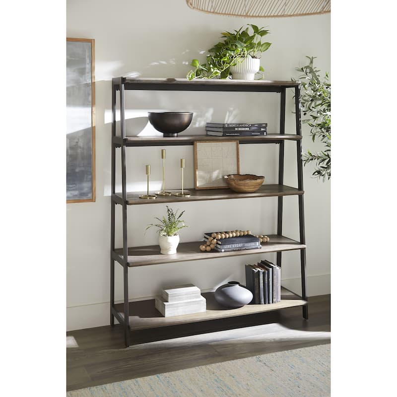 Finch Wood and Metal Etagere Bookcase in Buckwheat and Antique Bronze - 59" x 46" x 16"