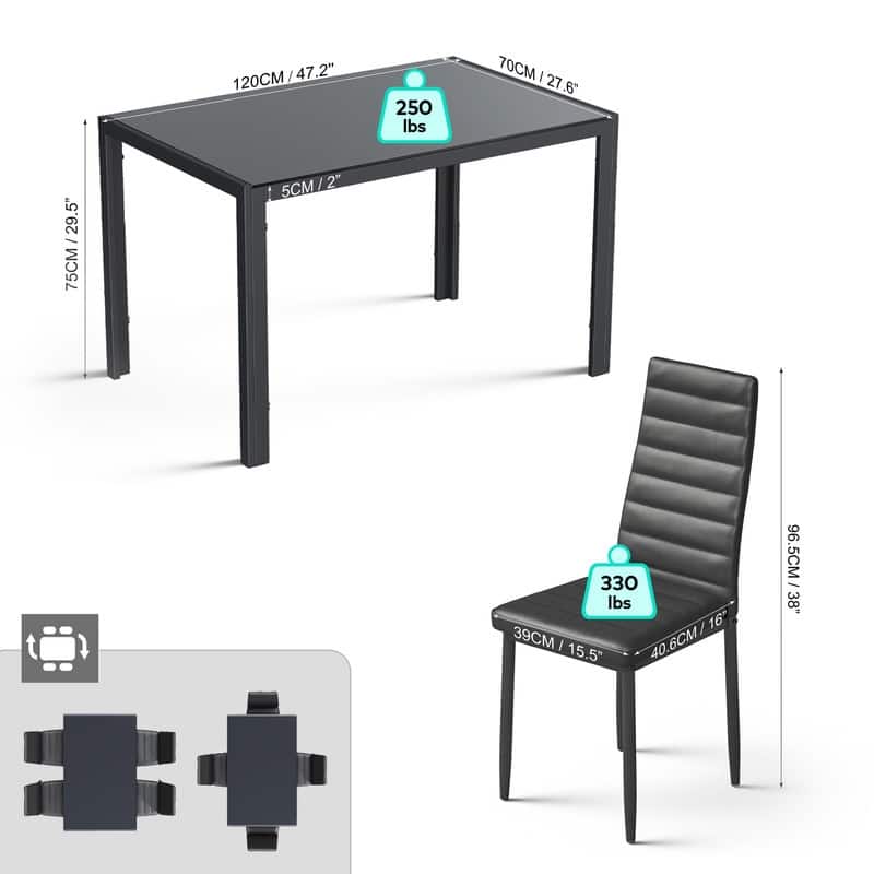 5 Pieces Glass Dining Table Set, 4 Person Modern Home Kitchen Chairs with High Back PU Leather Dining Chairs