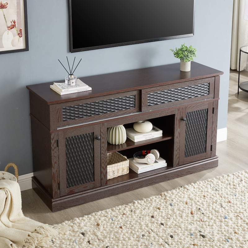 2 Door Embossed Pattern TV Stand with Open Storage Shelf and Sliding Door, Entertainment Center for TVs up to 65''