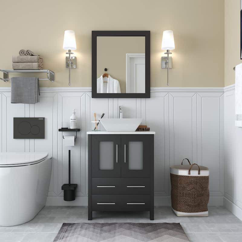 Vanity Art 24-inch Single Sink Bathroom Vanity Set With Engineered Marble Top and Free Mirror - Espresso