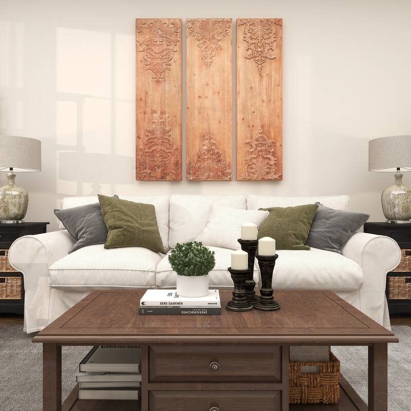 Brown Wood Carved Antefix Floral Home Wall Decor (Set of 3)