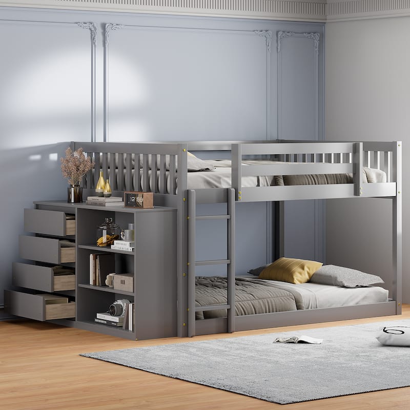Full Over Full Bunk Bed with 4 Drawers and 3 Shelves in Solid Pine - Gray