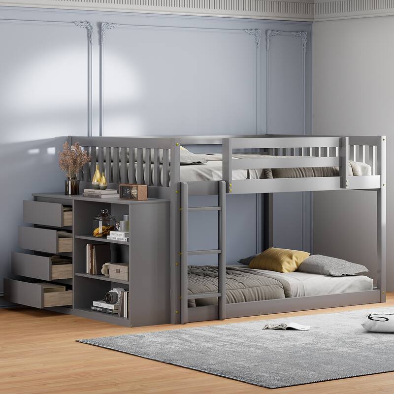 Full Size Bunk Bed with Drawers, Shelves & Reversible Ladder, Durable Solid Wood Structure - Gray