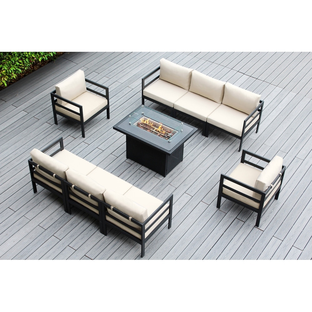 Ohana Outdoor 9-pc. Cushioned Aluminum Sectional with 42" Fire Table