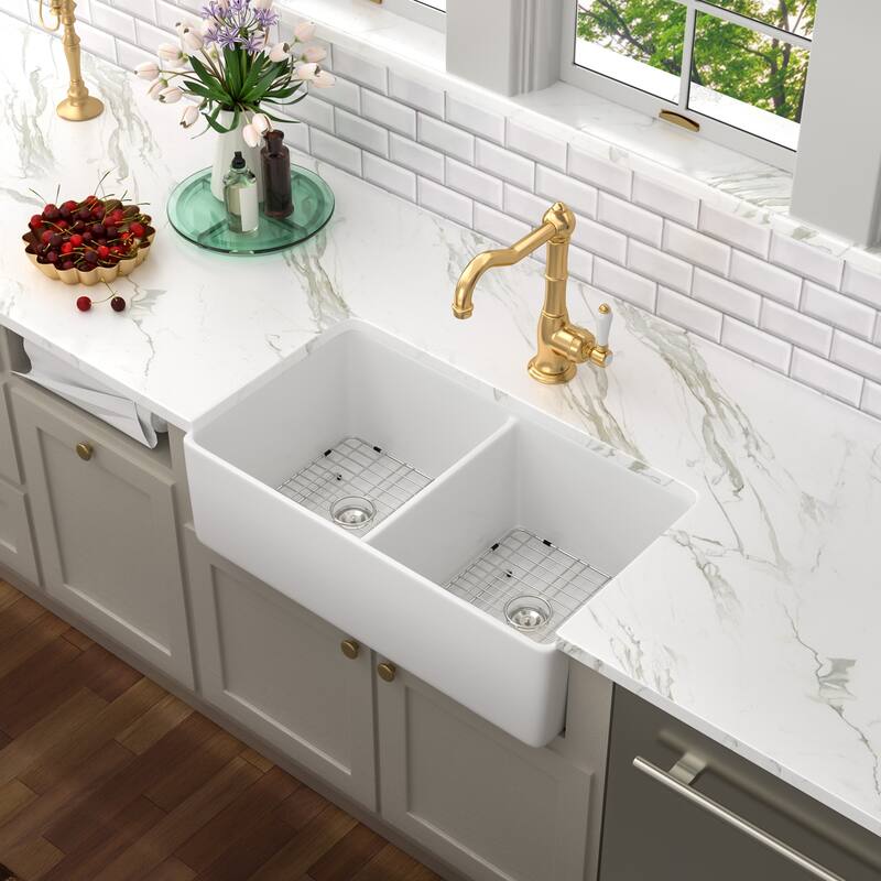 Kichae 32 Inch Ceramic Sink Undermount Double Bowl Low Divider White Kitchen Sink - 32 in.W x 20 in.D x 9 in.H