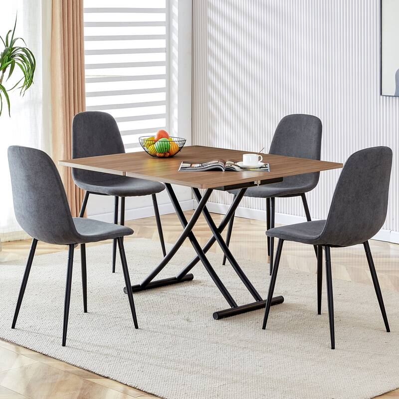 5-Piece Folding Dining Table Set, Modern Lift Top Wood Table with Metal Frame & 4 Linen Chairs for Kitchen, Living Room