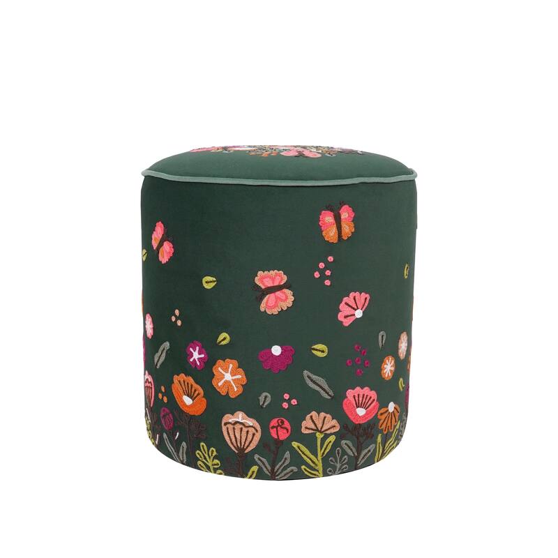 Nico Embroidered Velvet Round Ottoman, 17"D x 17"W x 18"H by Sevita