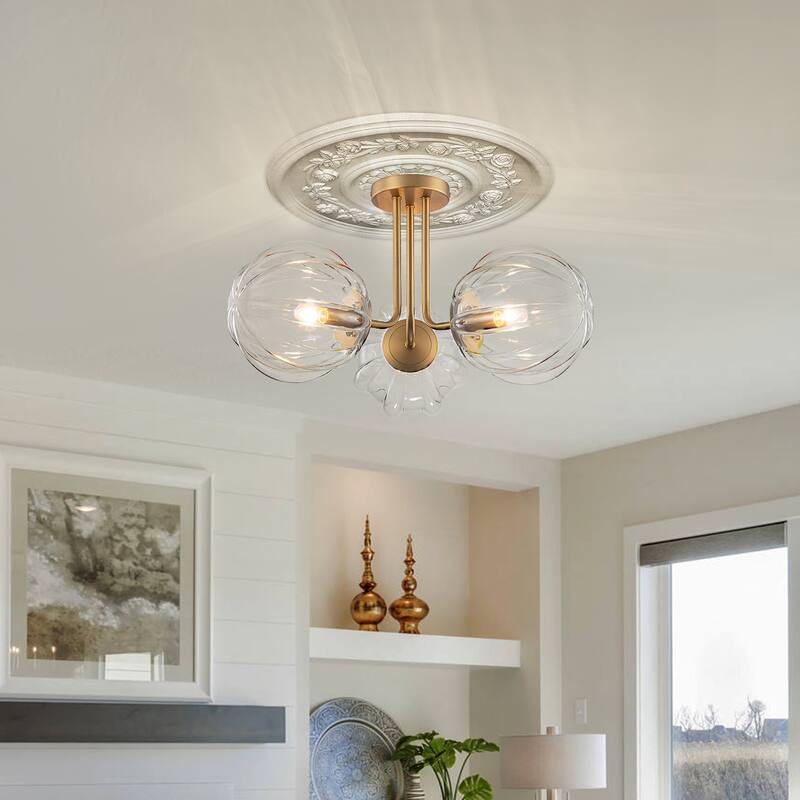 3-Light Contemporary Semi Flush Mount with Ripple Glass