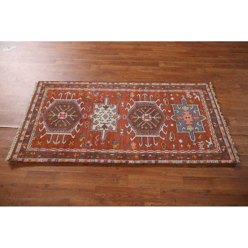 Orange Geometric Kazak Indian Area Rug Handmade Wool Carpet - 2'7"x 5'0"