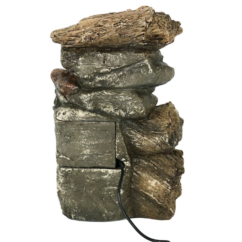 Sunnydaze Tiered Rock and Log Tabletop Fountain with LED Lights - 10.5-Inch