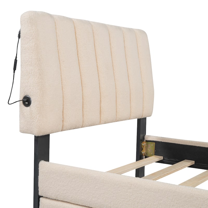 Beige Twin Teddy Fleece Platform Bed with Trundle, USB Ports, and LED Light