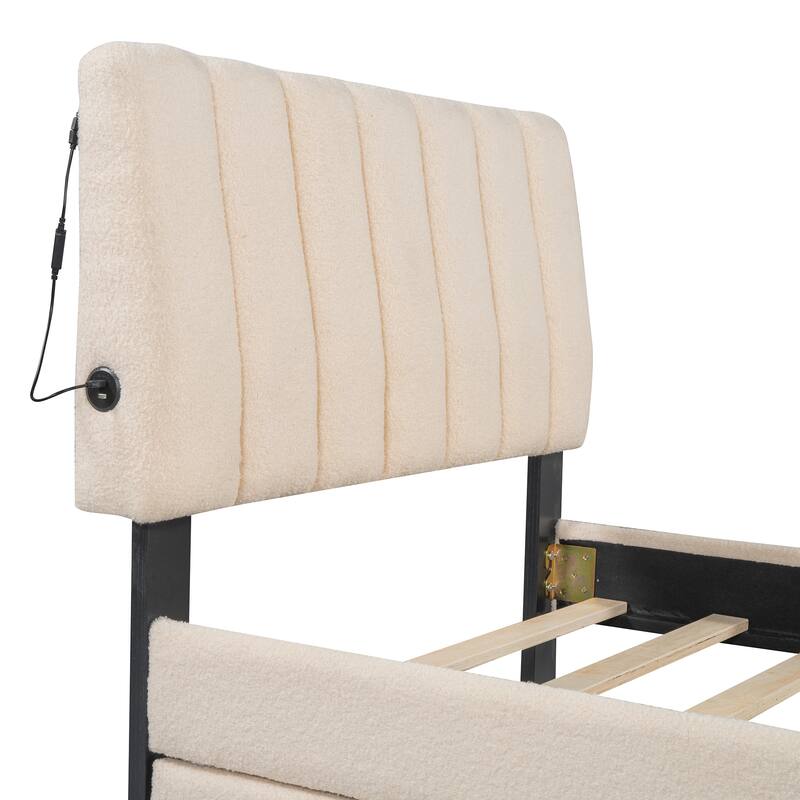 Twin Upholstered Platform Bed with Trundle, Soft Teddy Fleece, Stripe Headboard, and Smart LED Lights