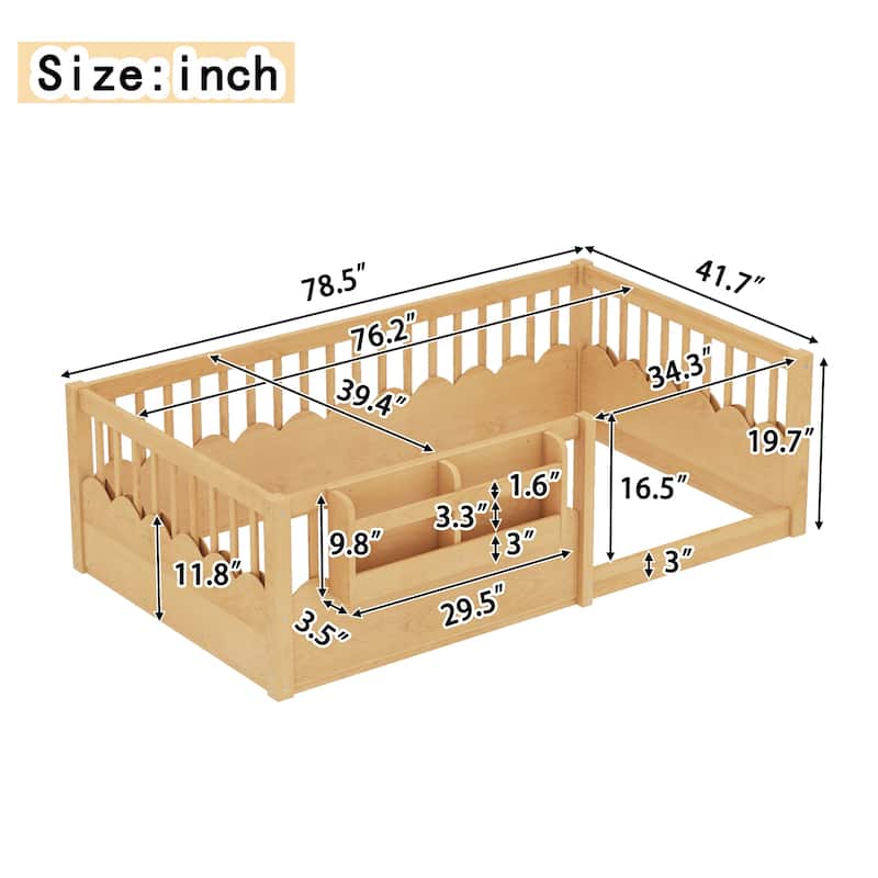 Montessori Floor Bed Kids Bed Frame with Heightened Fence and Bookshelf, Wavy Decoration Wood Platform Bed, No Slats Design