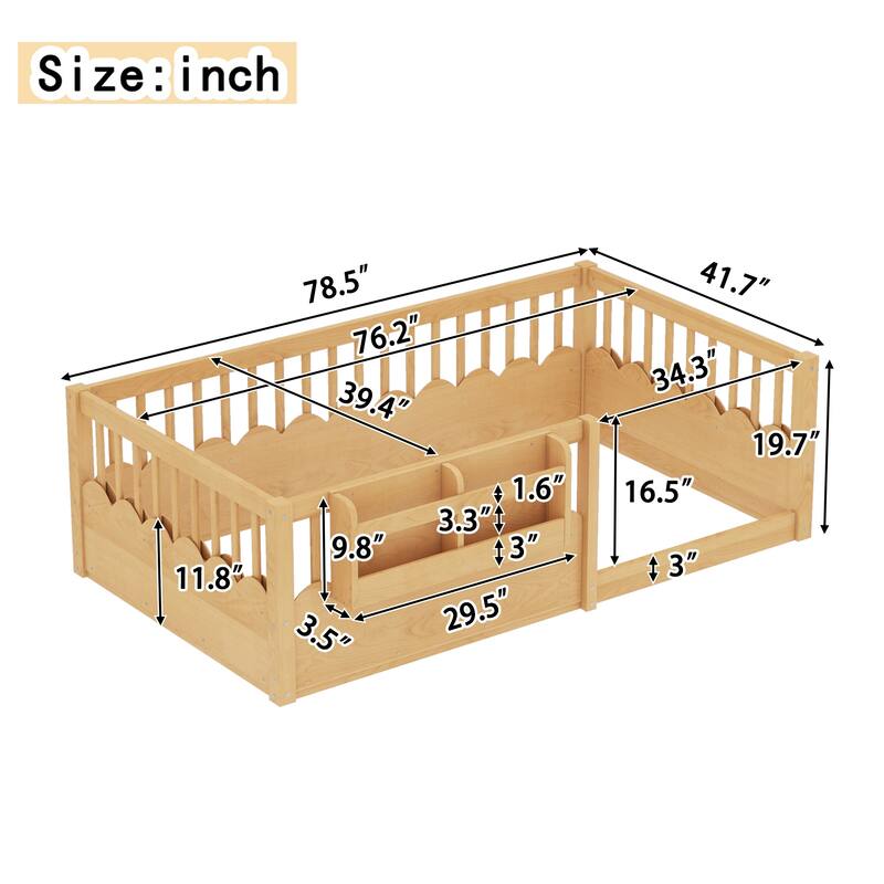 Queen/Full/Twin Floor Bed with Fence and Bookshelf, Wood Kids Floor Bed