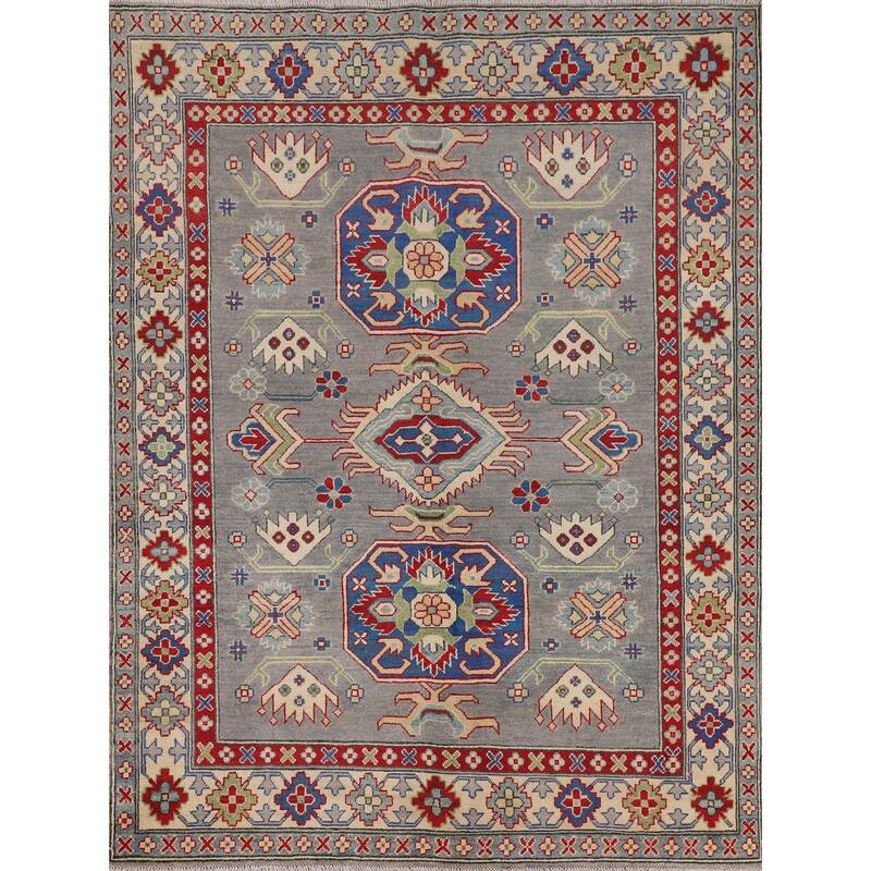 Gray Geometric Kazak Area Rug Hand-Knotted Wool Carpet - 5'2" x 6'7"