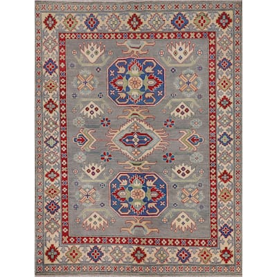 Gray Geometric Kazak Area Rug Hand-Knotted Wool Carpet - 5'2" x 6'7"