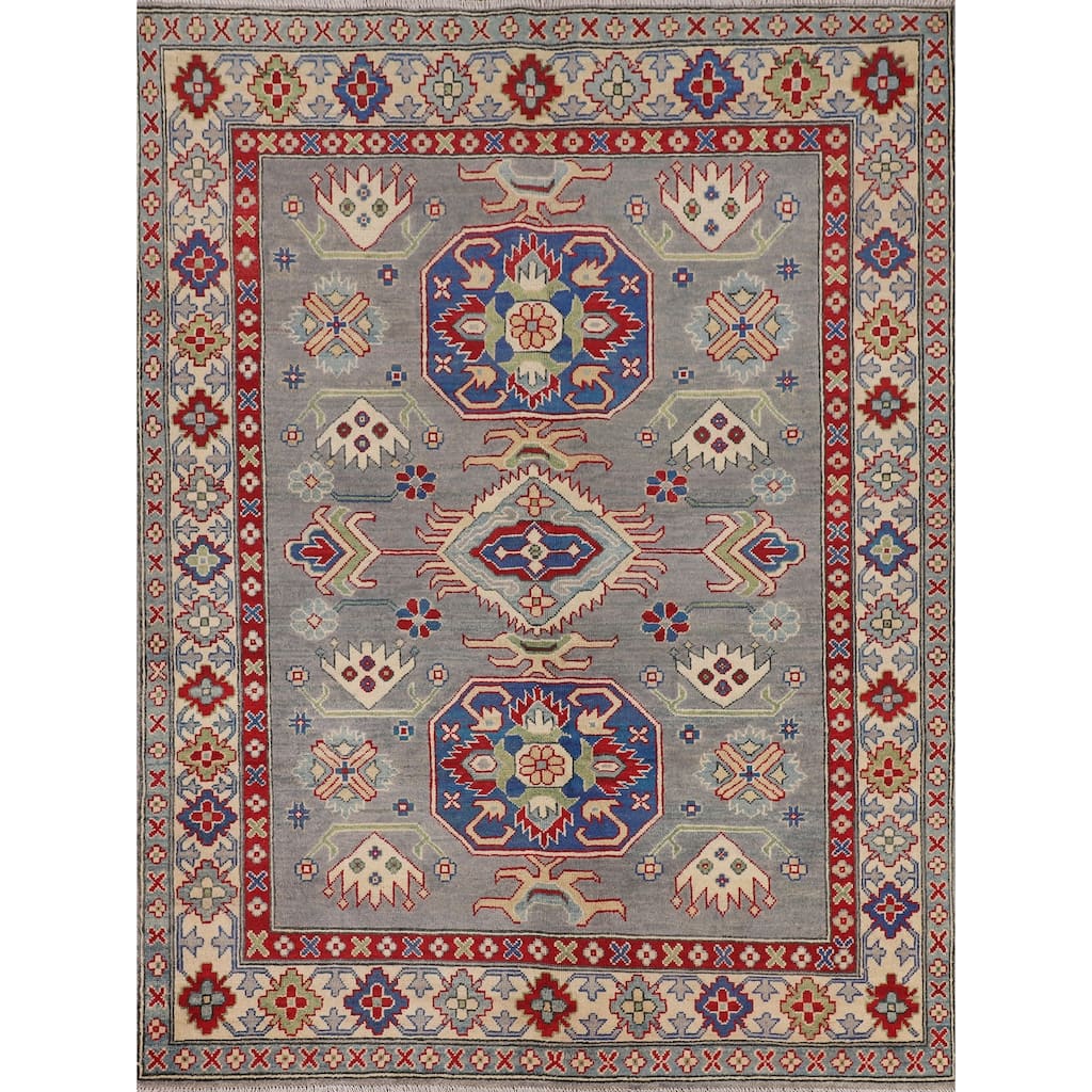 Gray Geometric Kazak Area Rug Hand-Knotted Wool Carpet - 5'2" x 6'7"