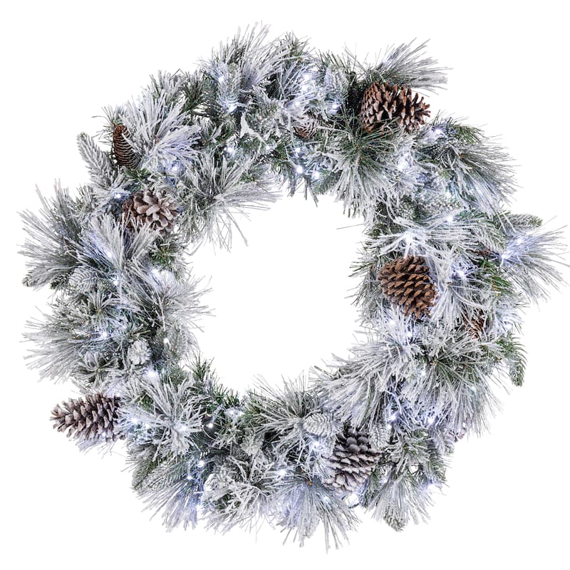 Luxurious 30 Inch Prelit Mixed Tips Wreath with Flocking and Glitter - Green