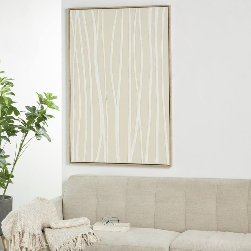 Wooden Abstract Vertical Line Living Room Framed Wall Art with Brown Wooden Frame - Beige - Roche River Decor