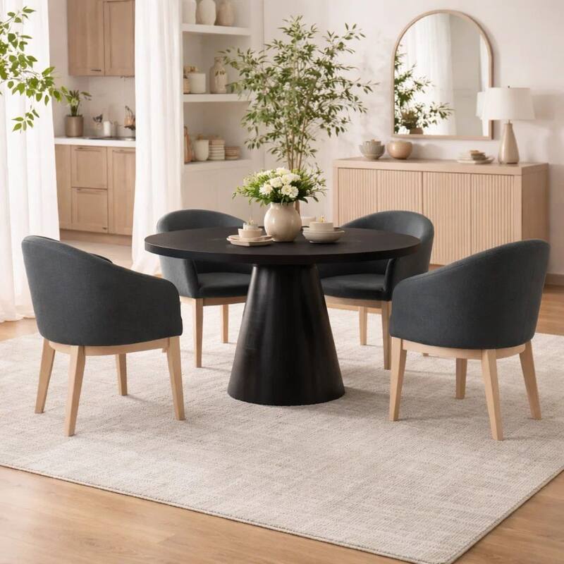 5 Piece Round Dining Table Set, Padded Curved Armchairs, Gray and Beige