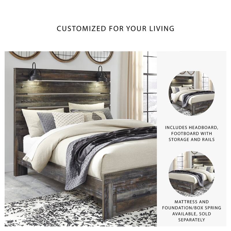 Drystan Rustic Brown Panel Bed with Footboard Storage Drawers