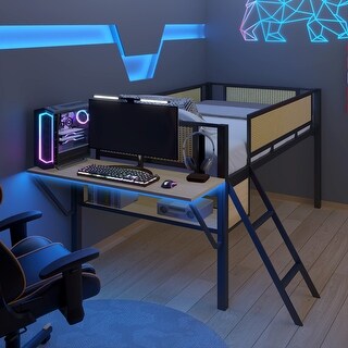 Twin Size Loft Bed with Rectangular Desk and Lamp