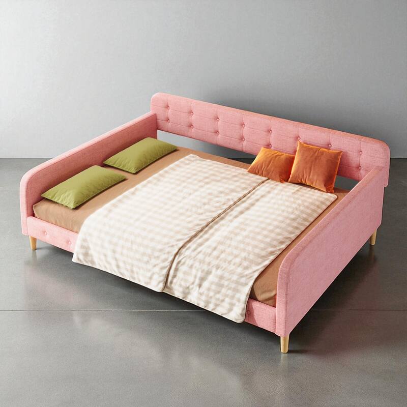 Queen Size Upholstered Daybed with Linen Fabric, Solid Wood Frame, 800 lb Capacity, No Box Spring Needed