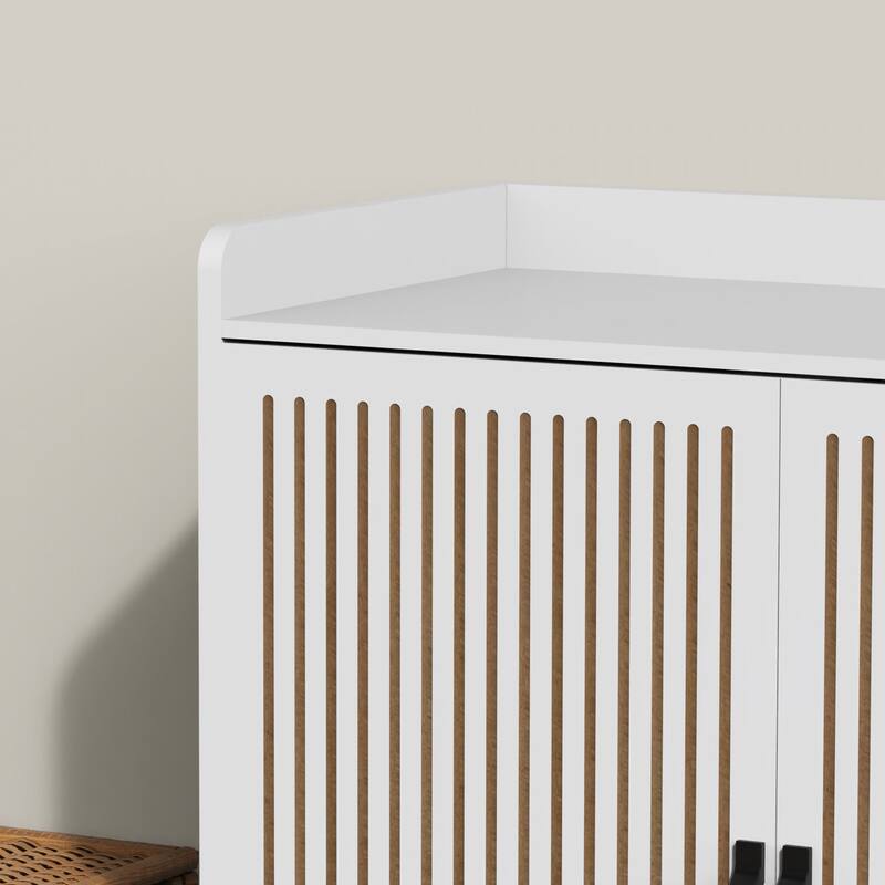 Shoe Cabinet with Adjustable Shelves, Stool & Retractable Toe-Kick Drawer, Freestanding Narrow Shoe Rack Organizer