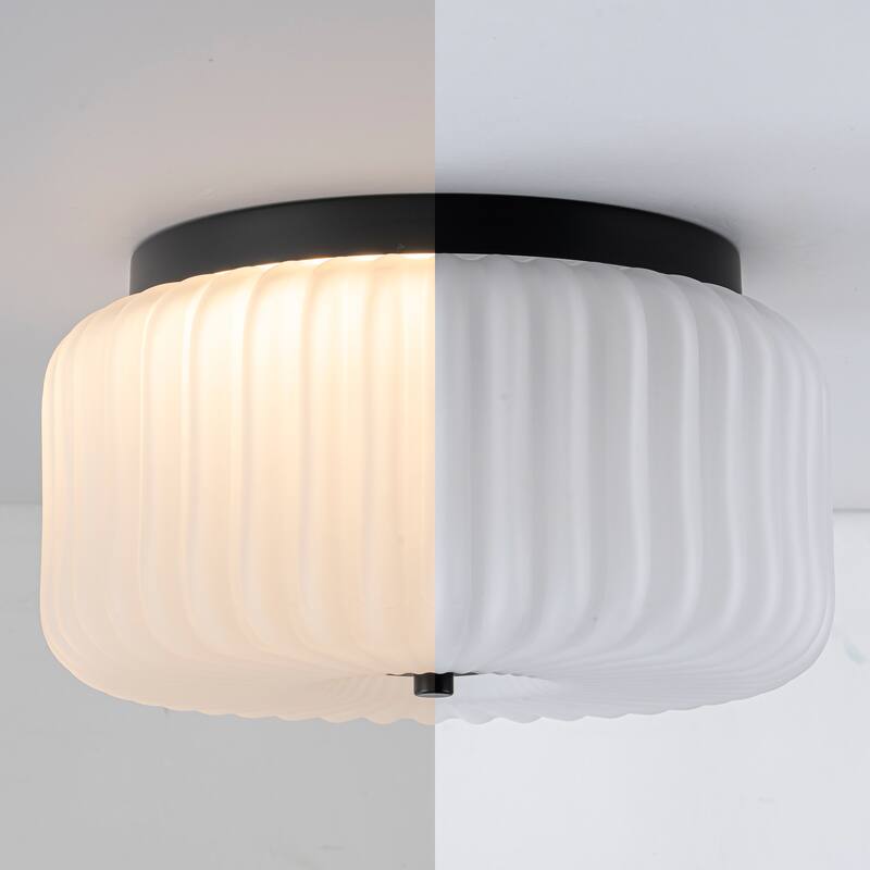C Cattleya Black Flush Mount Ceiling Light with White Ribbed Glass