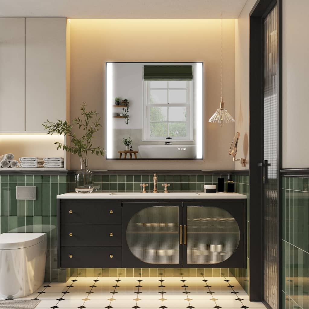 36"H Wall Mounted Bathroom Rectangle Framed LED Mirror With Memory Function